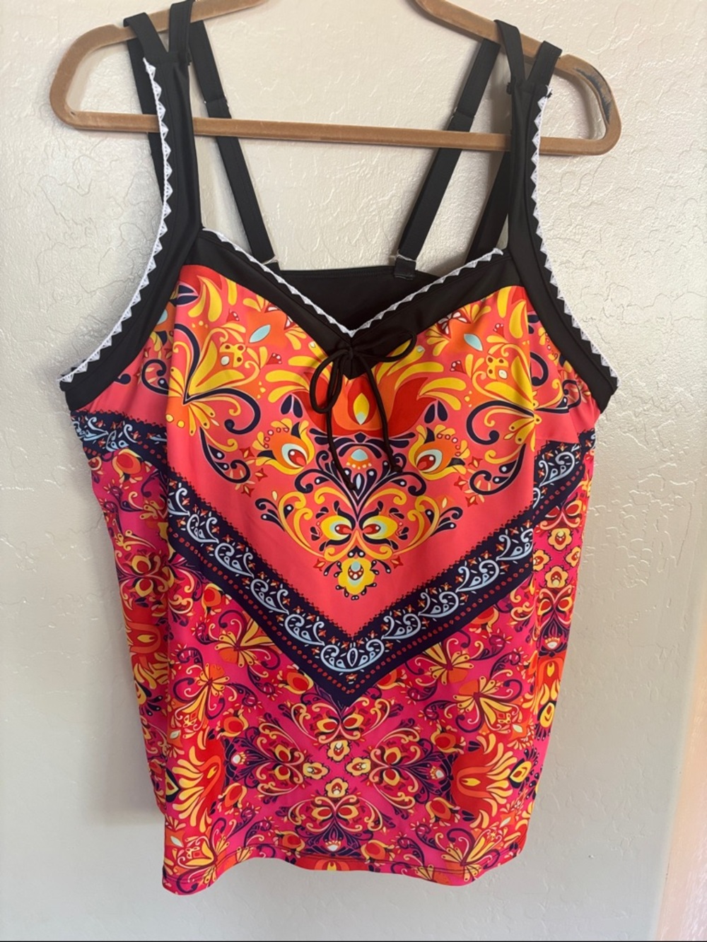 Vibrant Coral & Yellow Patterned Tankini Top